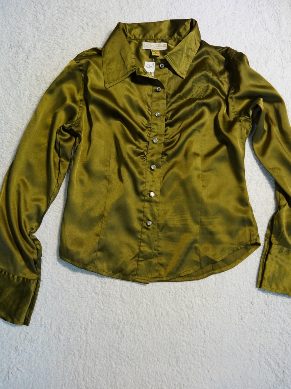 Vintage Y2K Def Jam University Satin Olive Green Button-Front Women’s Blouse M